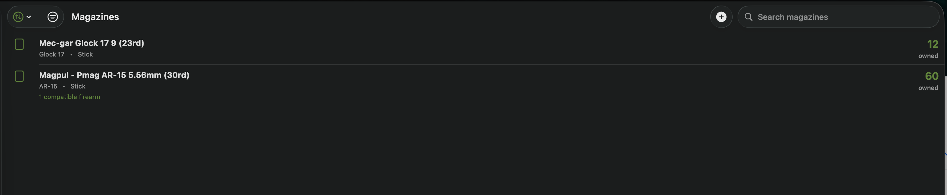 Mac — Magazine inventory with quantities and compatible firearms